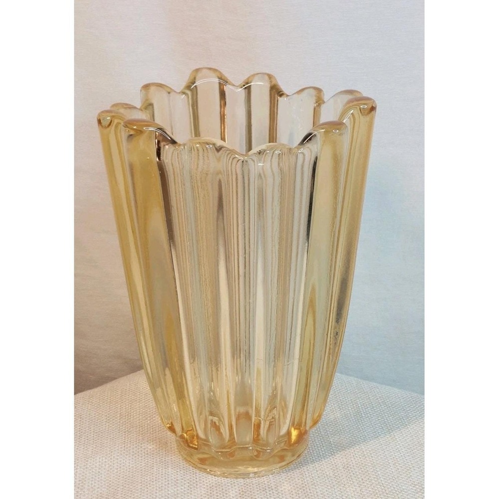 Vintage Swung Vase Fostoria Yellow Sunburst Thick Heavy Glass Art MCM Decor